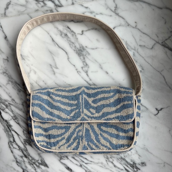 STAUD Tommy Beaded Bag Zebra in Light Blue Cream - Picture 1 of 6
